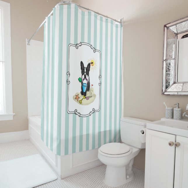 Summer Beach Boston Terrier (black) - Cute Dog Shower Curtain (In Situ)