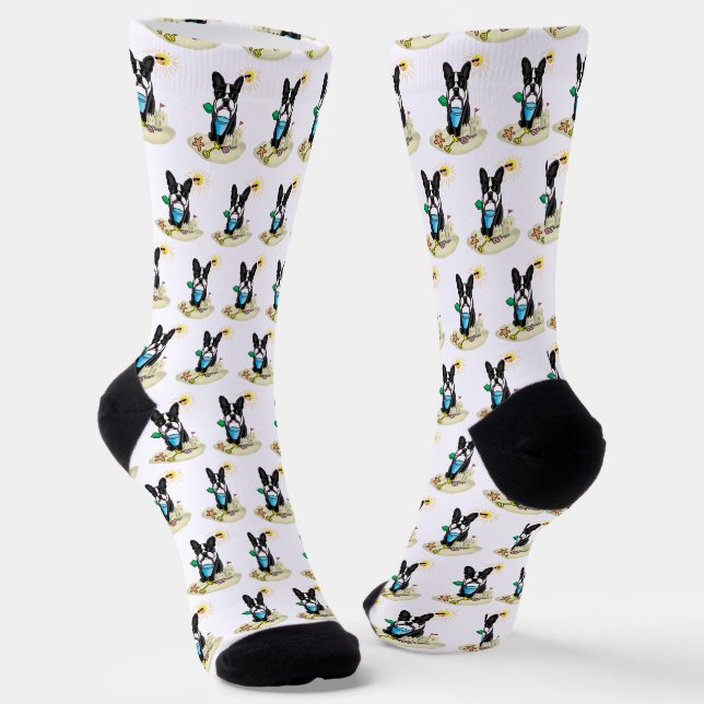 Summer Beach Boston Terrier (black) - Cute Dog Socks (Angled)