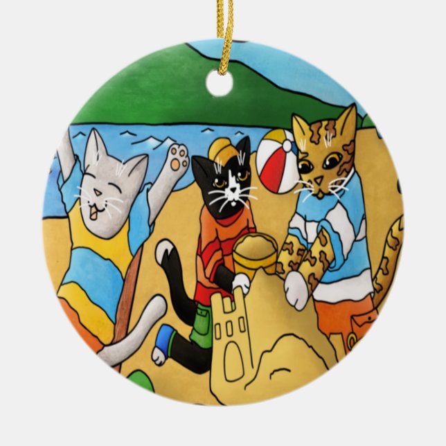 Summer Beach Cats Ceramic Tree Decoration (Front)