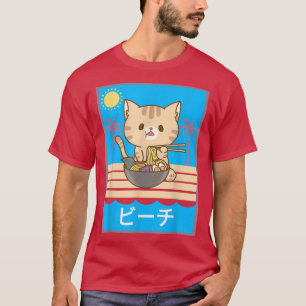 Summer beach cute anime kawaii cat ramen vacation  T-Shirt