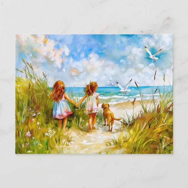 Summer Beach Day with Girls and Dog Holiday Postcard (Front)
