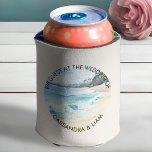 Summer Beach Destination Wedding VIP Guest Can Cooler<br><div class="desc">Beach themed wedding can cooler welcome gifts or favours with watercolor scene of a gorgeous blue ocean lapping the sand of a palm lined beach under the summer sky. Modern lettering with casual, handwritten style script. Perfect for a beach wedding, coastal wedding, summer wedding, sea wedding, nautical wedding, tropical caribbean...</div>