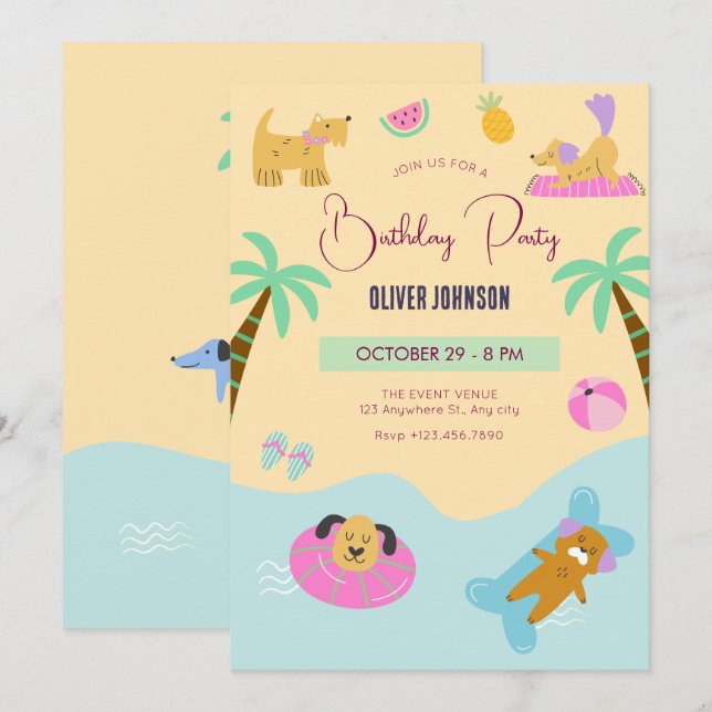 Summer beach dog vacation birthday  invitation (Front/Back)