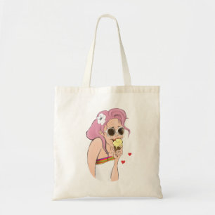 Summer Beach Fashion Illustration Girl Ice Cream Tote Bag