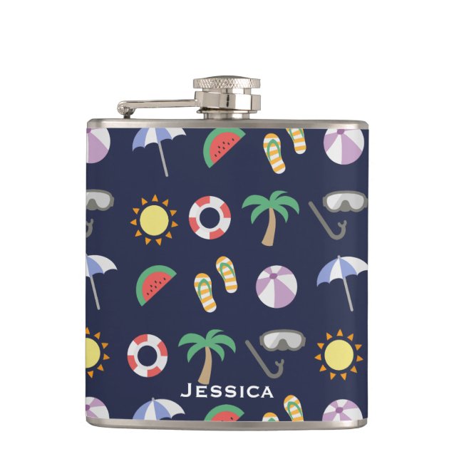 Summer Beach Holiday Blue Pattern Personalised Hip Flask (Front)