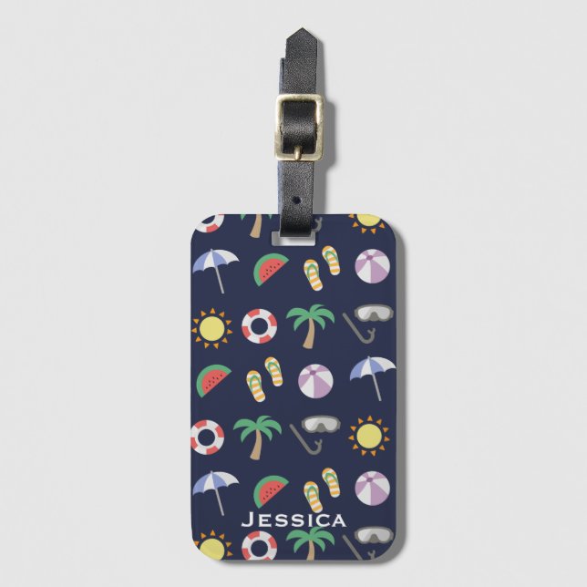Summer Beach Holiday Blue Pattern Personalised Luggage Tag (Front Vertical)