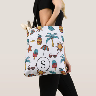 Summer Beach Holiday Illustrated Collage Monogram Tote Bag