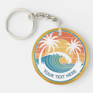 Summer Beach I Retro Sunset Surf and Palm Trees Key Ring