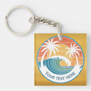 Summer Beach I Retro Sunset Surf and Palm Trees Key Ring