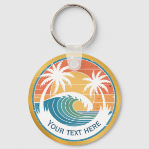 Summer Beach I Retro Sunset Surf and Palm Trees Key Ring