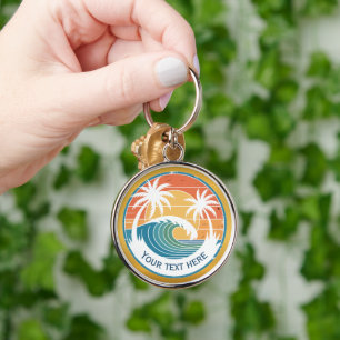 Summer Beach I Retro Sunset Surf and Palm Trees Key Ring