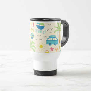 Summer Beach Icons Palm Trees, Boats and sun Travel Mug