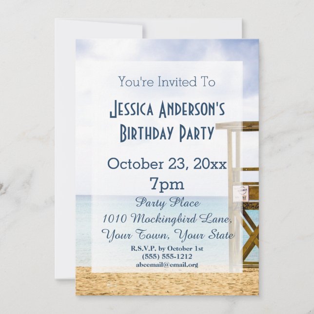Summer Beach Lifeguard Blue Birthday Invitation (Front)