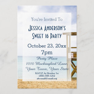 Summer Beach Lifeguard Blue Sweet 16 Birthday Invitation