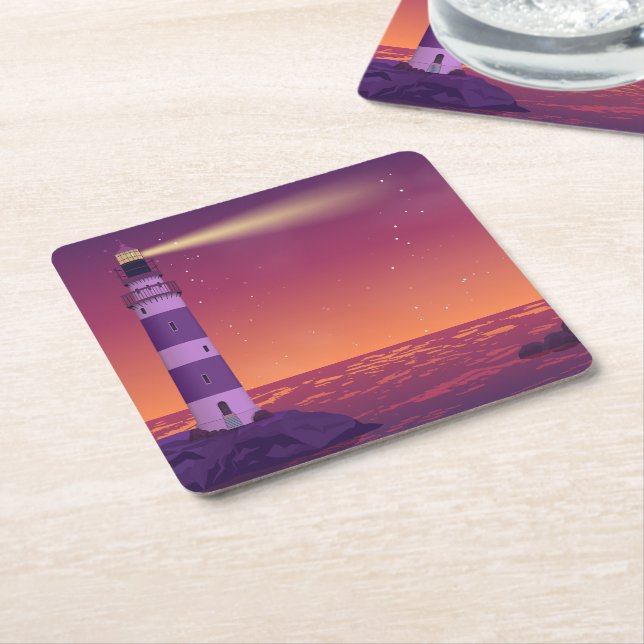 Summer Beach Lighthouse Nautical Wedding Square Paper Coaster (Angled)