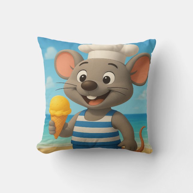 Summer Beach Mouse Pillow | Cute Cartoon Vacation  (Front)