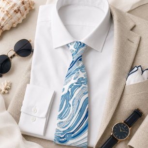 summer beach nautical waves watercolor blue swirls tie