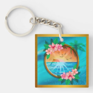 Summer Beach Ocean birds fly in sky and worm sunny Key Ring