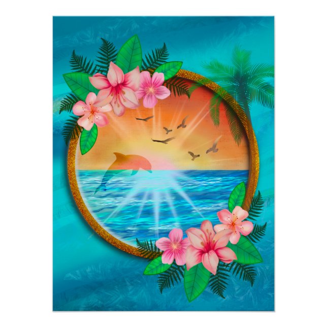 Summer Beach Ocean birds fly in sky and worm sunny Poster (Front)