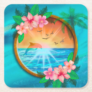 Summer Beach Ocean birds fly in sky and worm sunny Square Paper Coaster