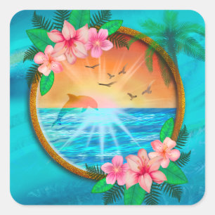 Summer Beach Ocean birds fly in sky and worm sunny Square Sticker