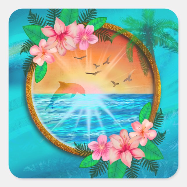 Summer Beach Ocean birds fly in sky and worm sunny Square Sticker (Front)