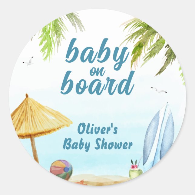 Summer Beach Ocean Surfboard Baby Shower Classic Round Sticker (Front)