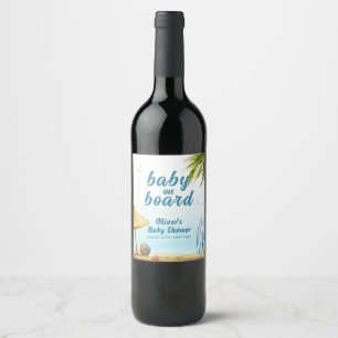 Summer Beach Ocean Surfboard Baby Shower Wine Label