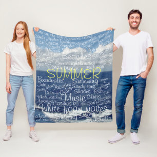 Summer Beach Ocean Waves Typography Fleece Blanket