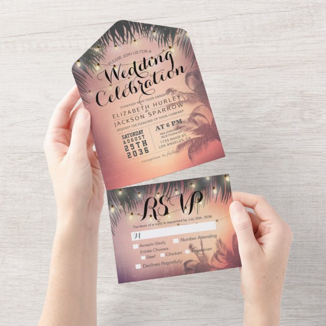 Summer Beach Palm Tree String Lights Wedding RSVP All In One Invitation (Tearaway)