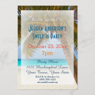 Summer Beach Palm Tree Tropical Sweet 16 Birthday Invitation