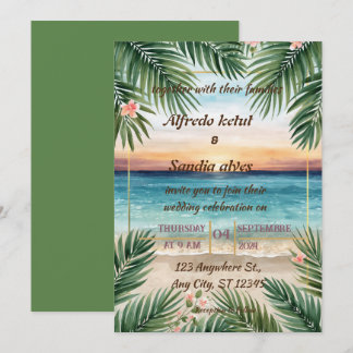 summer beach palm tree tropical watercolor wedding invitation