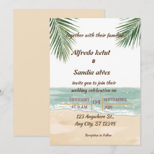 summer beach palm tree tropical watercolor wedding invitation