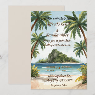 summer beach palm tree tropical watercolor wedding invitation