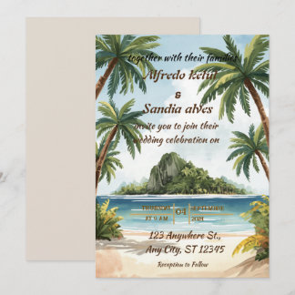 summer beach palm tree tropical watercolor wedding invitation