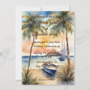 summer beach palm tree tropical watercolor wedding invitation