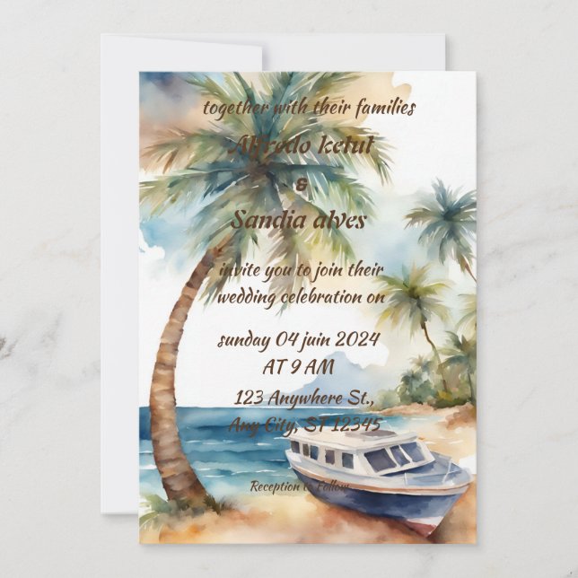 summer beach palm tree tropical watercolor wedding invitation (Front)