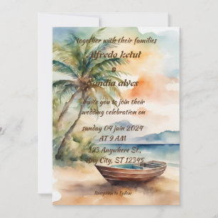 summer beach palm tree tropical watercolor wedding invitation