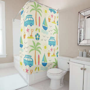 Summer Beach Palm Trees, Boats and Sun  Shower Curtain