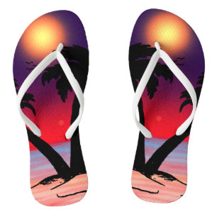 Summer Beach Palm Trees Purple Red Flip Flops