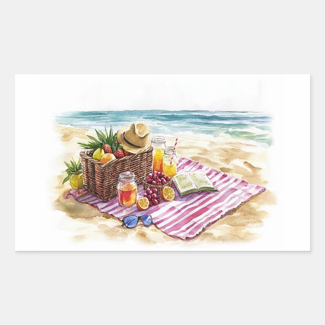 Summer Beach Picnic Watercolor Illustration – Vibr Rectangular Sticker (Front)