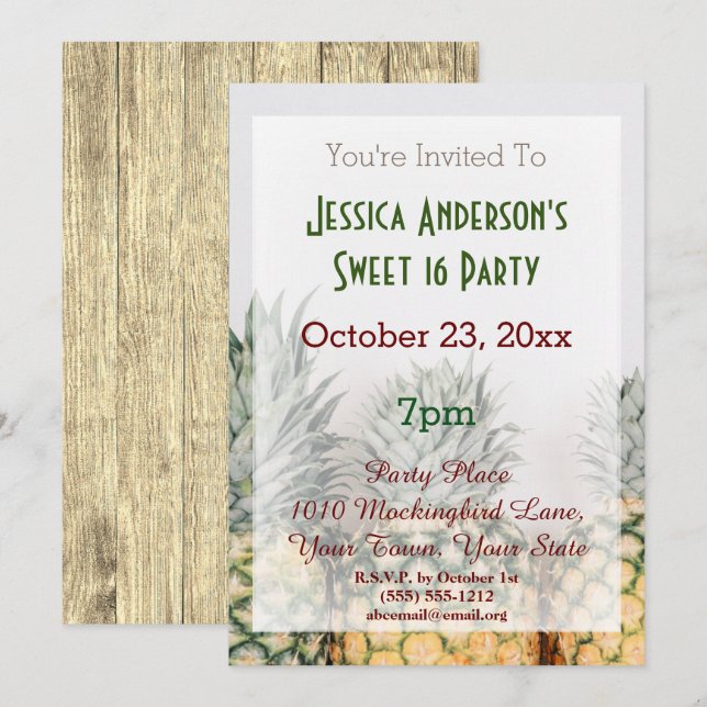 Summer Beach Pineapple Tropical Sweet 16 Birthday Invitation (Front/Back)