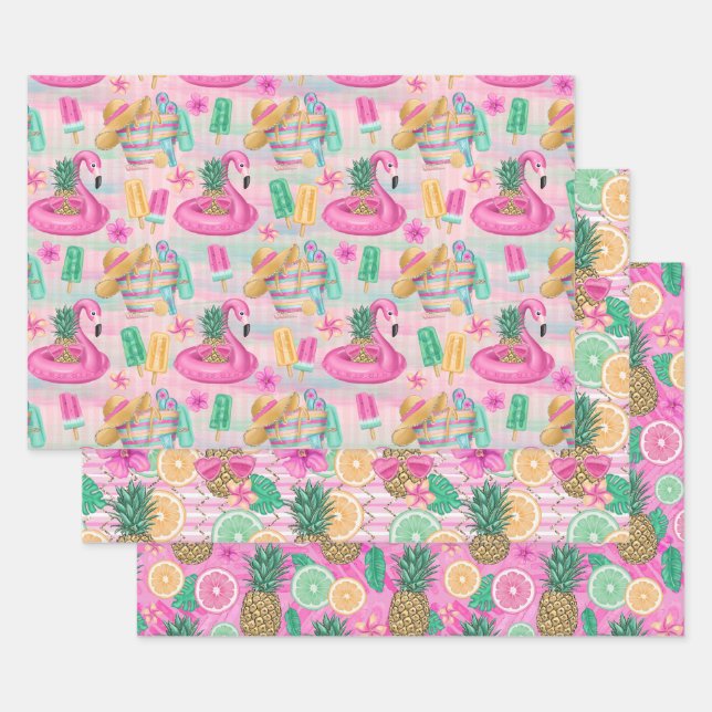 Summer Beach Pink Flamingos Pineapples Lemons Wrapping Paper Sheet (Set)