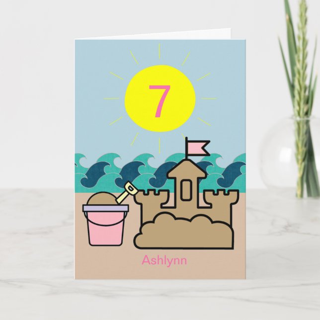 Summer Beach Pink Pail Sandcastle 7th Birthday Card (Front)