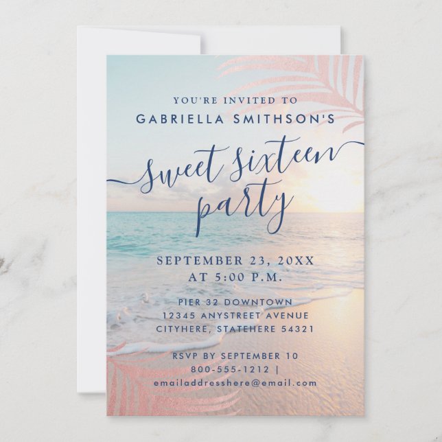Summer Beach Pink Sunset Tropical 16th Birthday Invitation (Front)