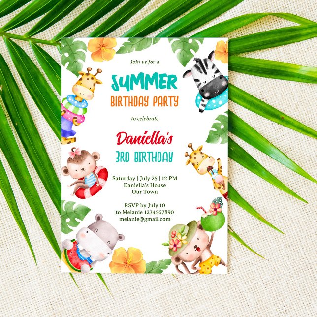 Summer beach pool birthday cute baby animals invitation (Creator Uploaded)