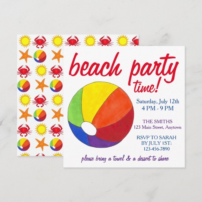 Summer Beach Pool Party Sun Beachball Crab Invitation (Front/Back)