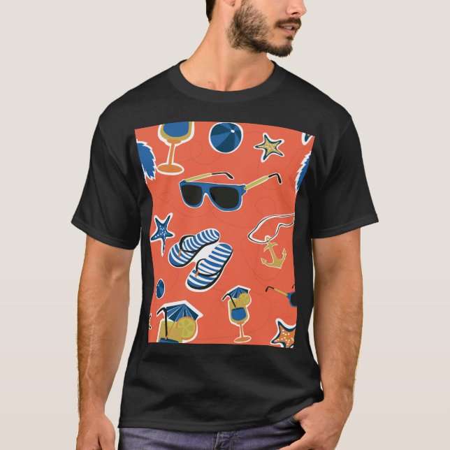Summer Beach: Relaxing Seamless Pattern. T-Shirt (Front)