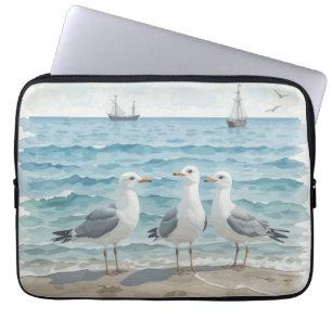 Summer Beach Scene Ocean Beach Water Seagulls  Laptop Sleeve