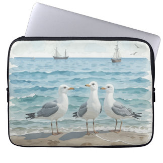 Summer Beach Scene Ocean Beach Water Seagulls  Laptop Sleeve